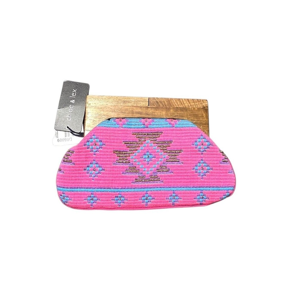 NWT CHLOE LEX Beaded Wood Handle Clutch Pink Multi Aztec Woven Cotton Bag